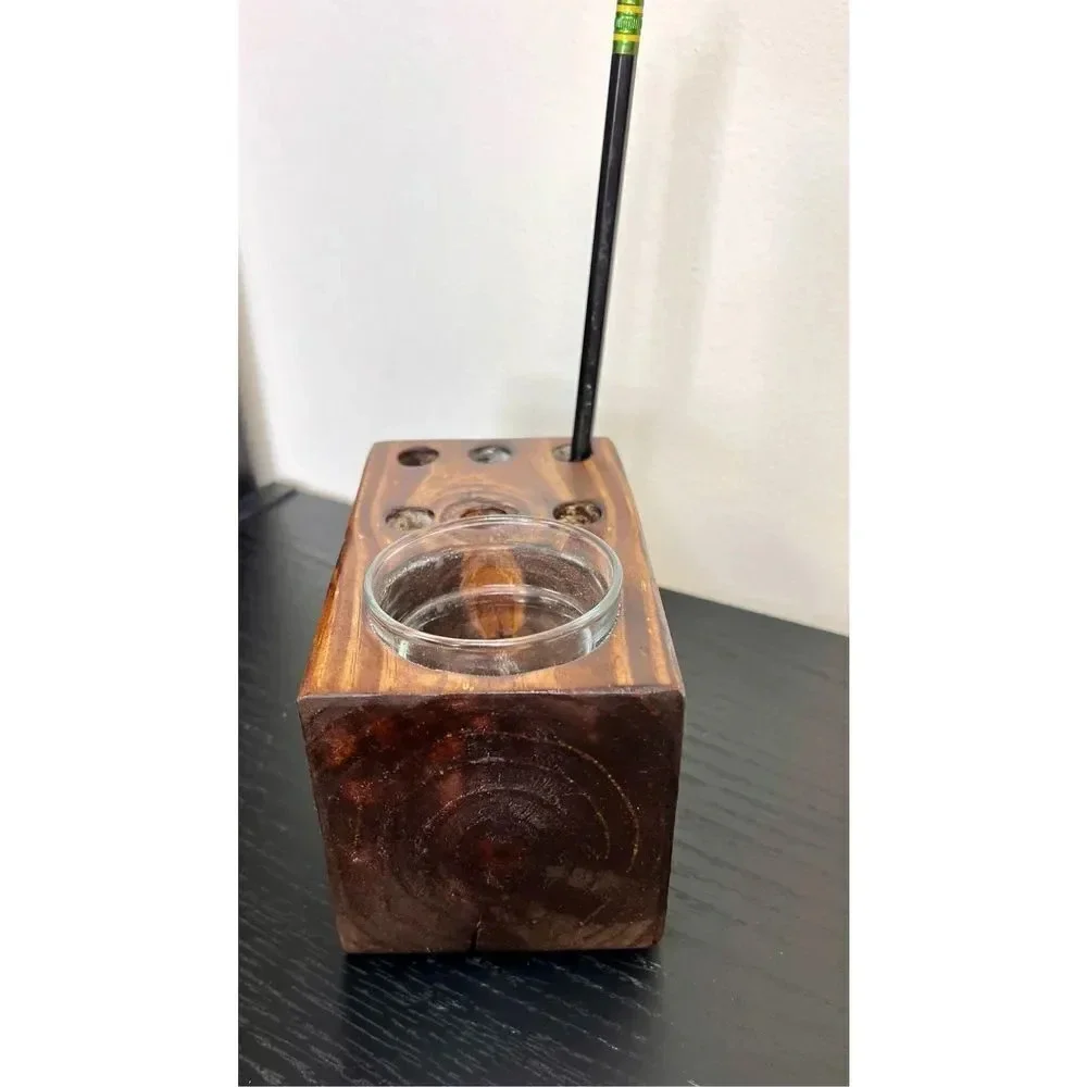 MCM Handmade Wooden Glass Pencil‎ Organizer Brown